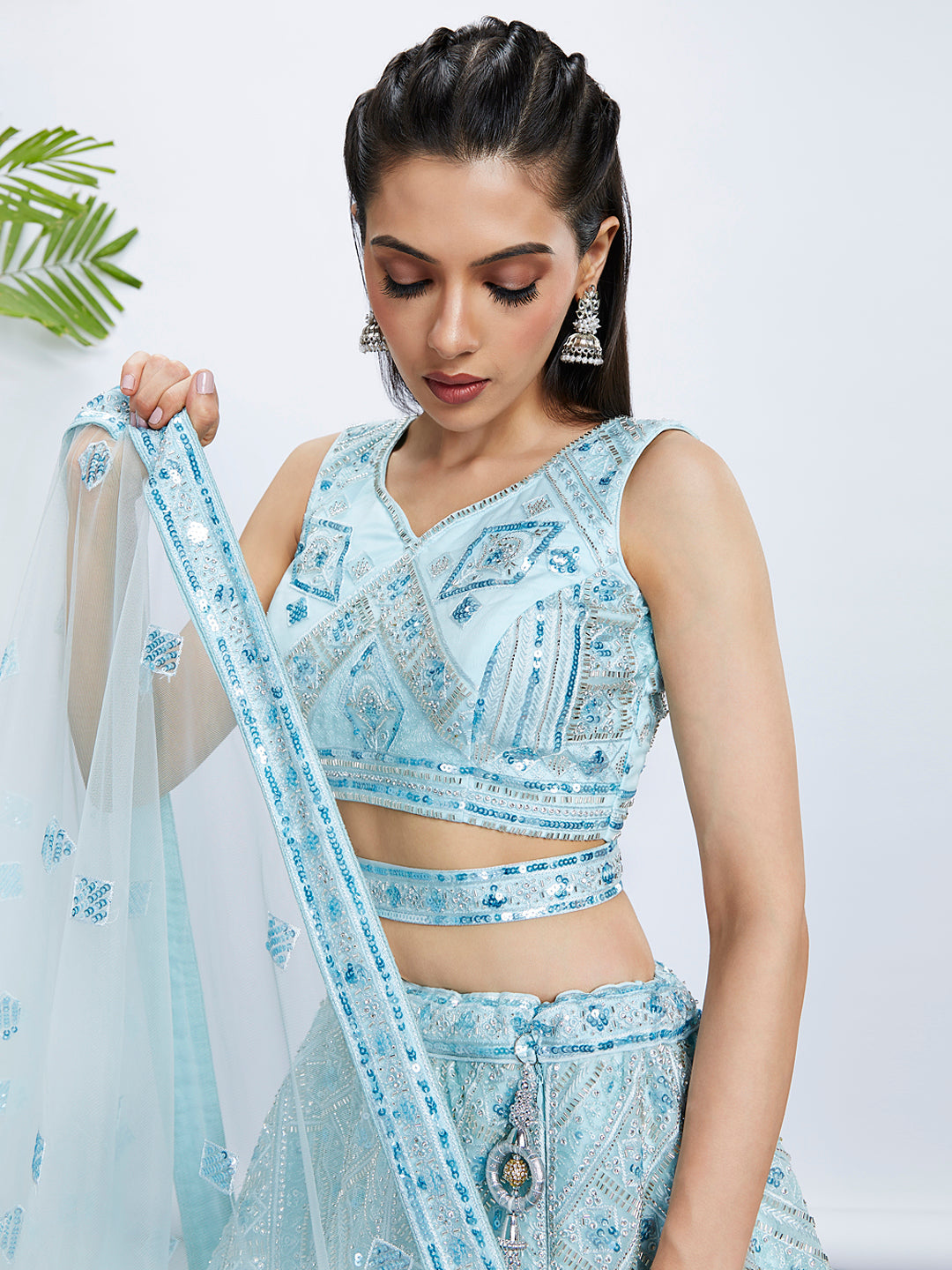 House of Panchhi Burgundy Chiffon Position Print With Sequins Embroidery Lehenga Choli & Dupatta | Grocsy