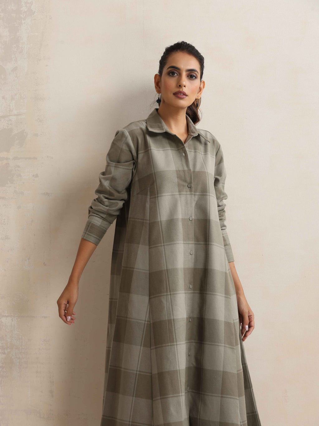 trueBrowns Green Check Flared Winter Dress | Grocsy