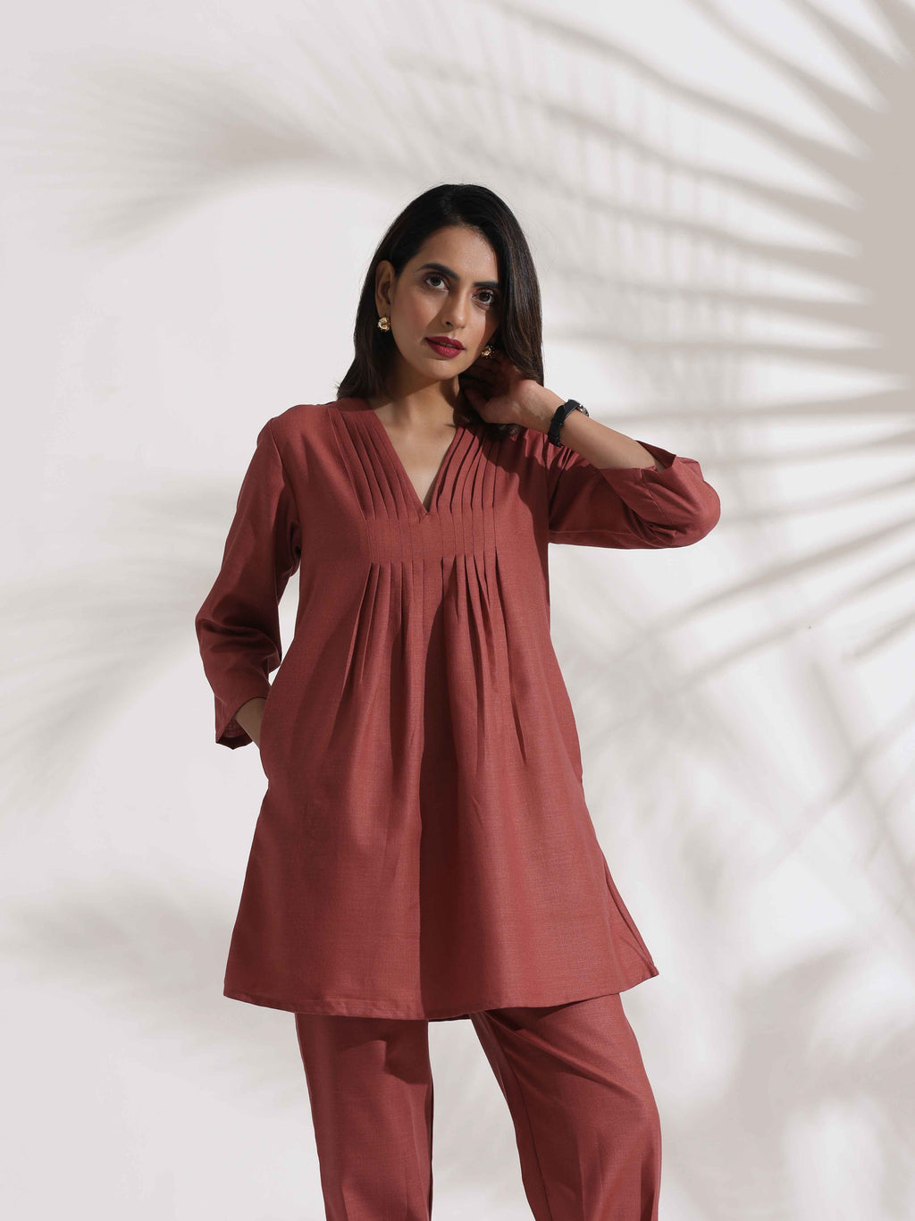 trueBrowns Pink Slub Pleated Co-ord Set | Grocsy