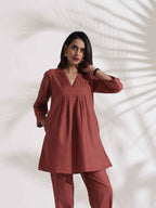 trueBrowns Pink Slub Pleated Co-ord Set | Grocsy