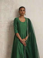 trueBrowns Dark Green Anarkali Kurta Pant Dupatta Set | Grocsy