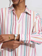 trueBrowns Off-White Cotton Multi Stripe A-line Kurta Set | Grocsy