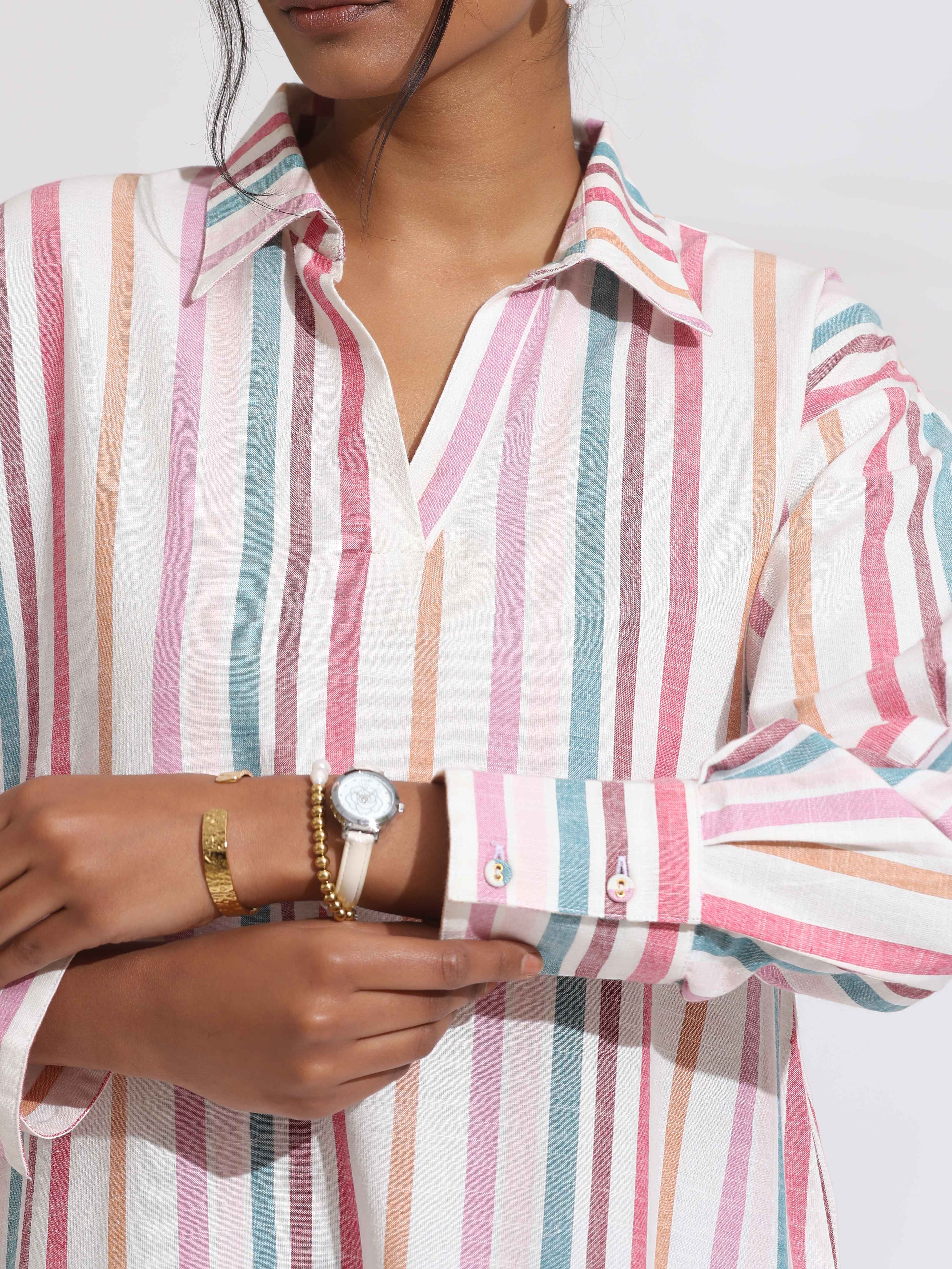 trueBrowns Off-White Cotton Multi Stripe A-line Kurta Set | Grocsy
