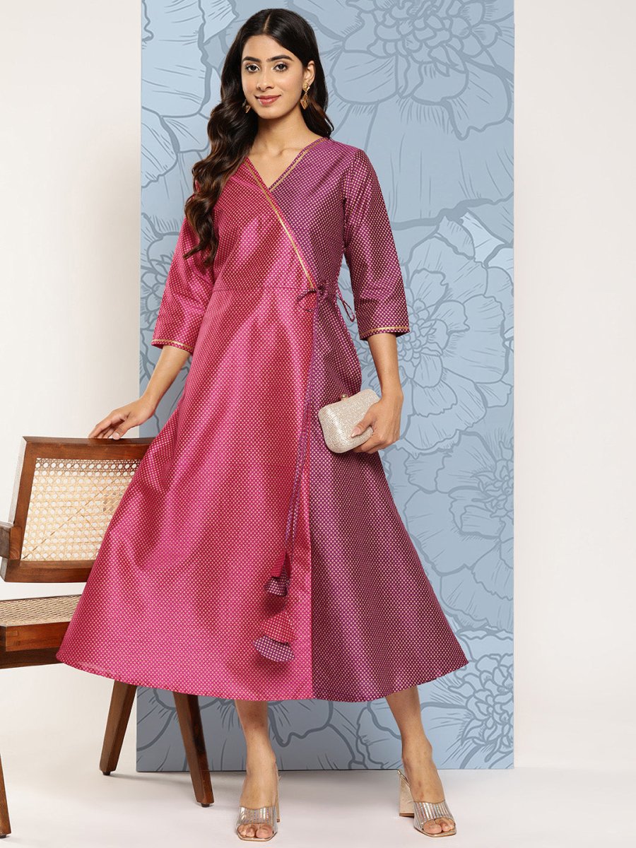 Ahalyaa Colourblocked Printed Wrap Ethnic Dress | Grocsy