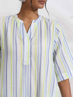 trueBrowns White Cotton Multi Stripe Flared Kurta Set | Grocsy