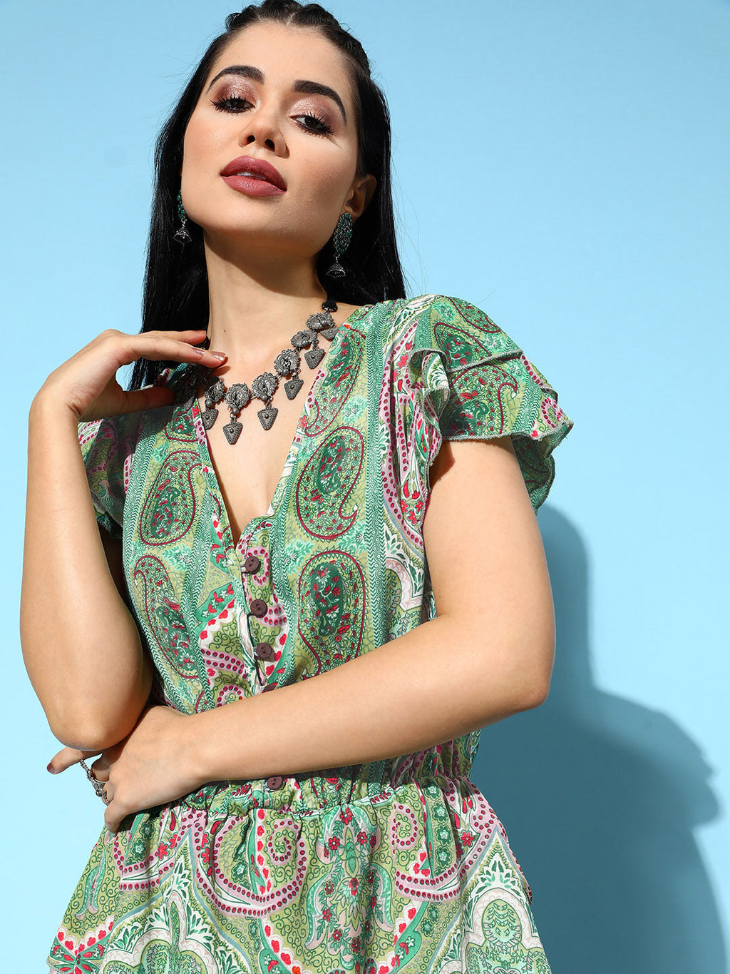 InWeave Women's Soft Green Tiered Short Dress | Grocsy