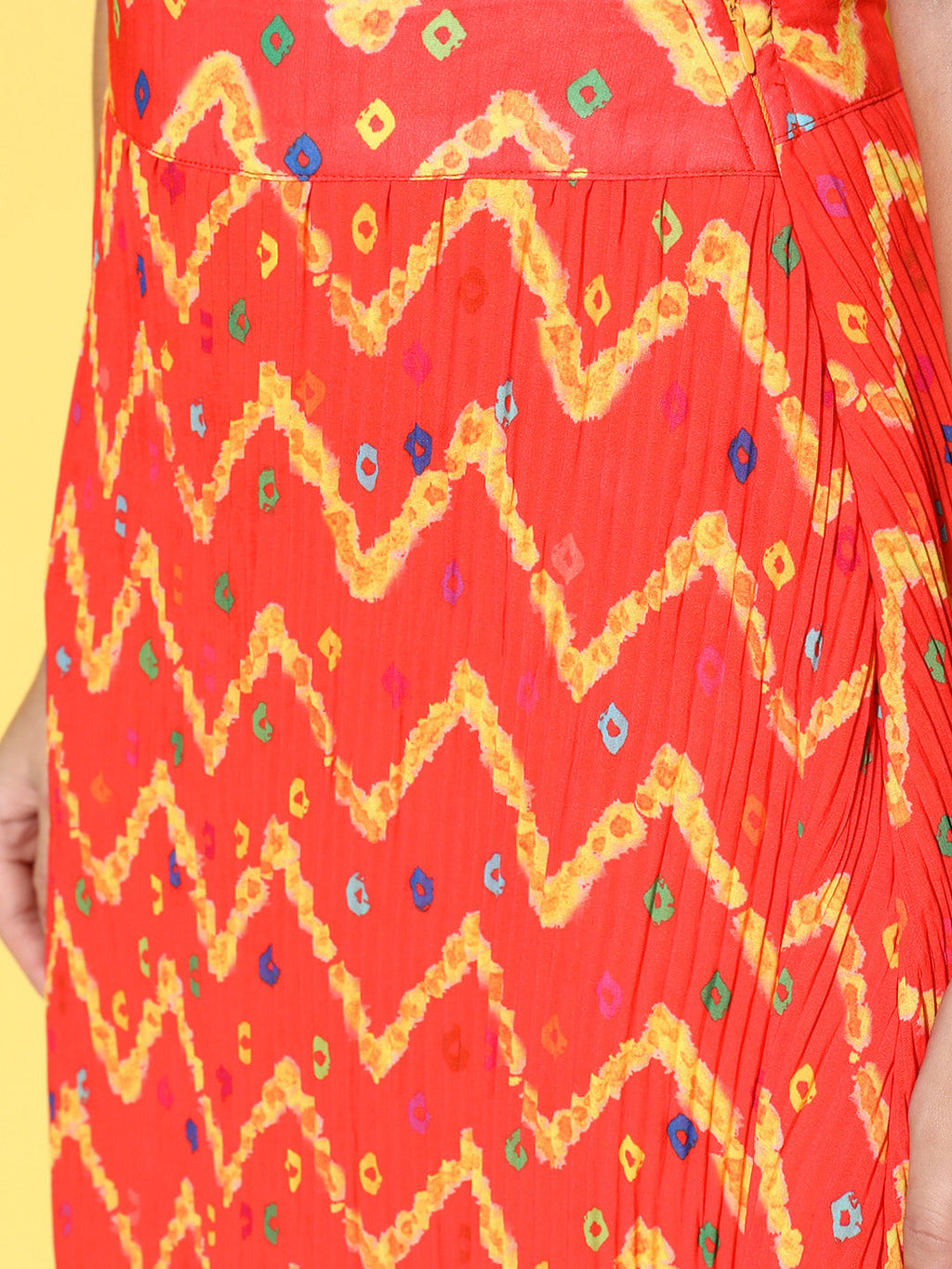 InWeave Women's Orange Bandhej Pleated Skirt | Grocsy