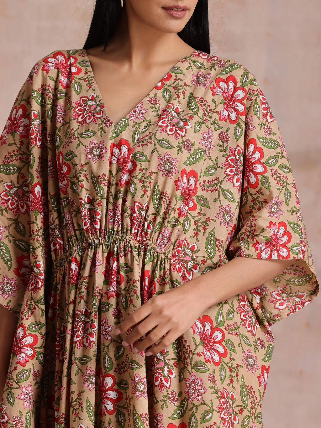 trueBrowns Beige Overall Big Floral Block Print Cotton Kaftan Dress | Grocsy