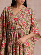 trueBrowns Beige Overall Big Floral Block Print Cotton Kaftan Dress | Grocsy