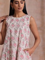 trueBrowns Pink Green Buta On White Block Print Cotton High-Low Co-Ord Set | Grocsy