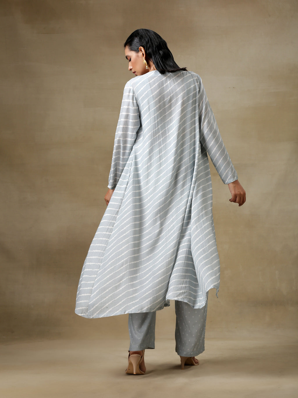 trueBrowns Grey Bandhani Printed Silk Overlay Jacket Blouse Pant Set | Grocsy
