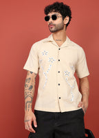 Fabmade Men’S Beige Linen Embroidered Resort Shirt | Grocsy