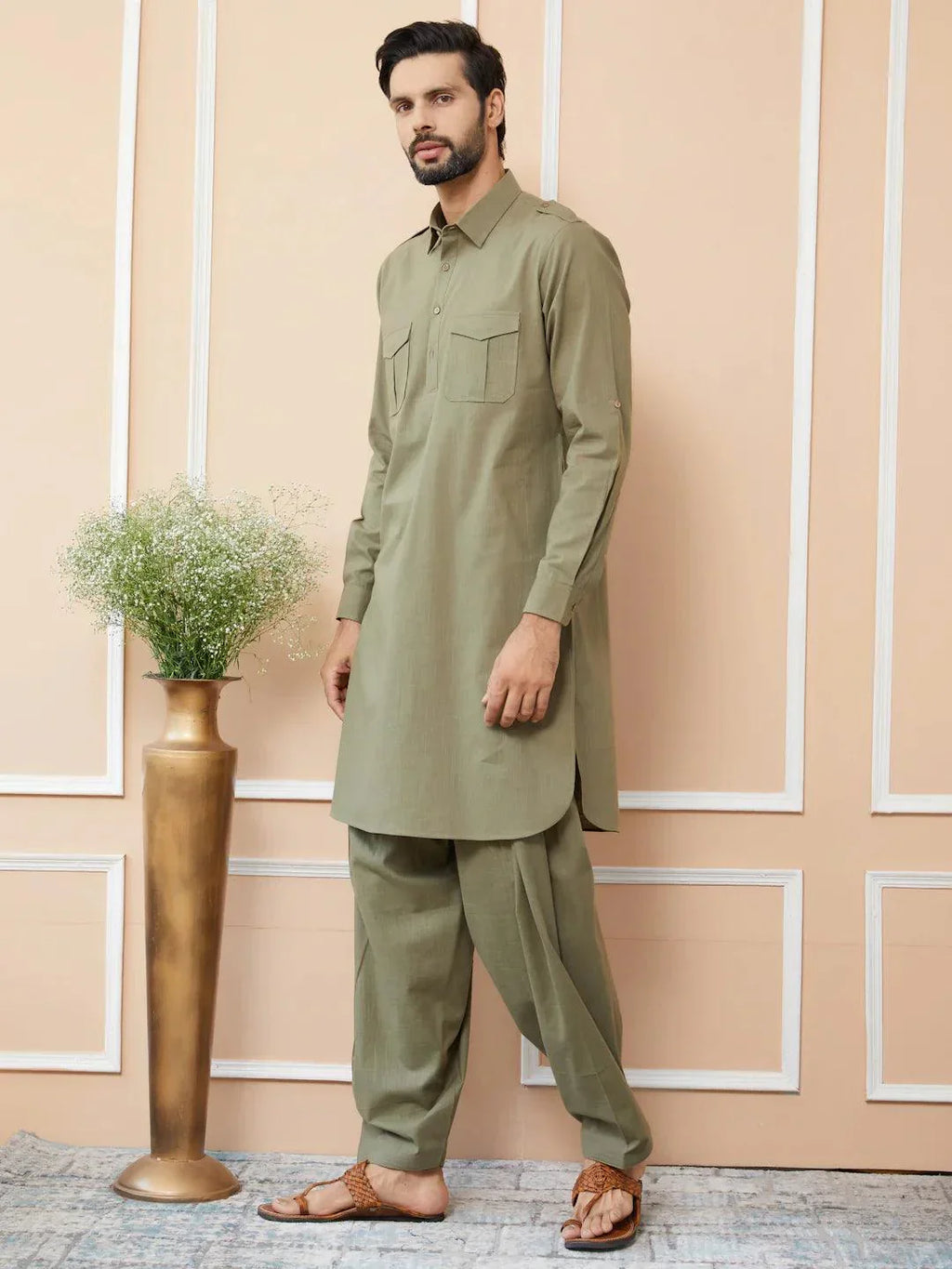 Fabmade Olive Cotton Linen Pathani Kurta With Salwar | Grocsy