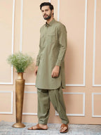 Fabmade Olive Cotton Linen Pathani Kurta With Salwar | Grocsy