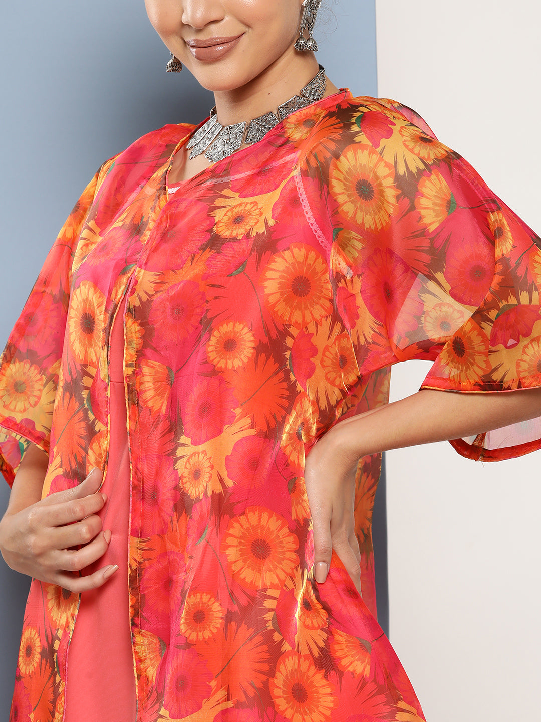 InWeave Women's Peach Cr Strappy Set With Peach Yellow Floral Cape | Grocsy