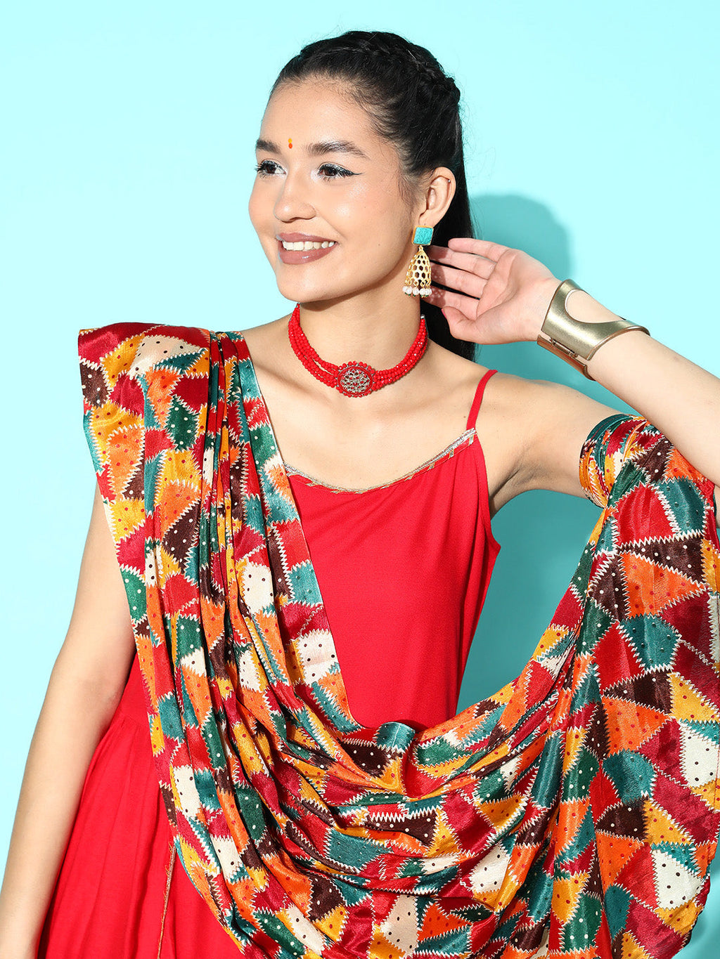 InWeave Women's Red Gota Strappy Set With Multi Foil Muslin Dupatta | Grocsy