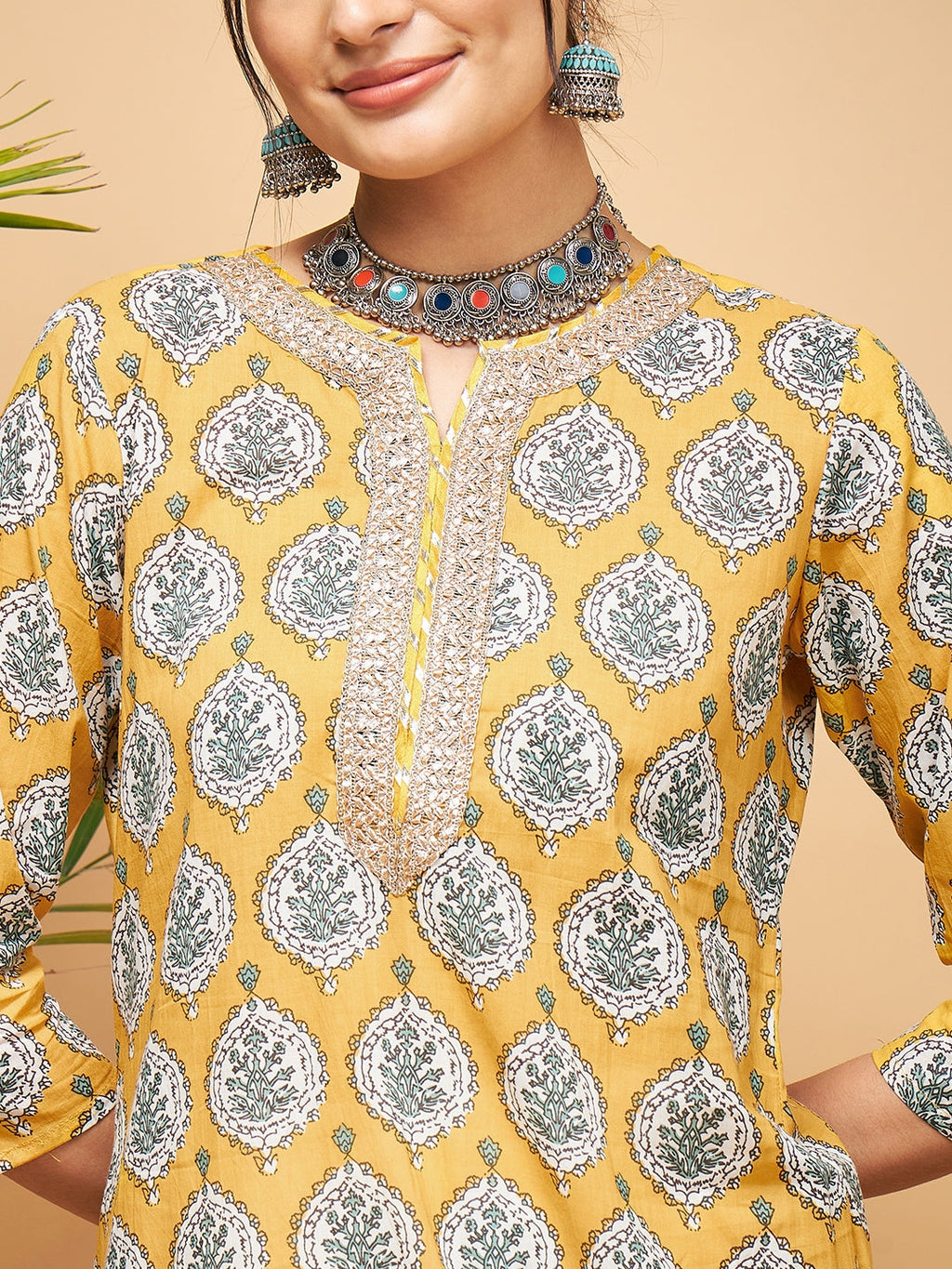 InWeave Women's Sunset Boota Print Gota Straight Kurta | Grocsy
