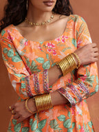trueBrowns Orange Print Flared Anarkali Kurta Set | Grocsy