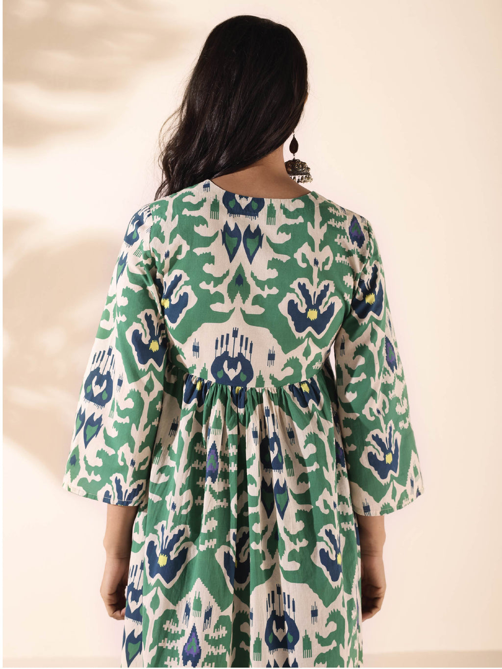 trueBrowns Green Cotton Ikat Flared Kurta Pant Set | Grocsy
