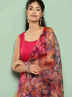 InWeave Women's Fuchsia Sleeveless Kurta Set W Navy Floral Or Dupatta | Grocsy