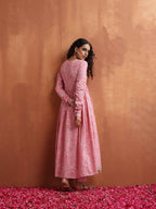 trueBrowns Pink Print Flared Anarkali Kurta Set | Grocsy
