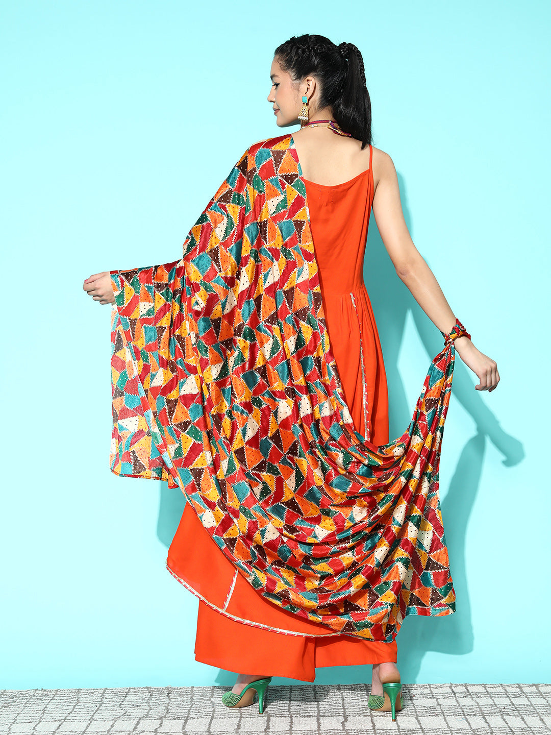 InWeave Women's Orange Red Gota Strappy Set With Multi Foil Muslin Dupatta | Grocsy