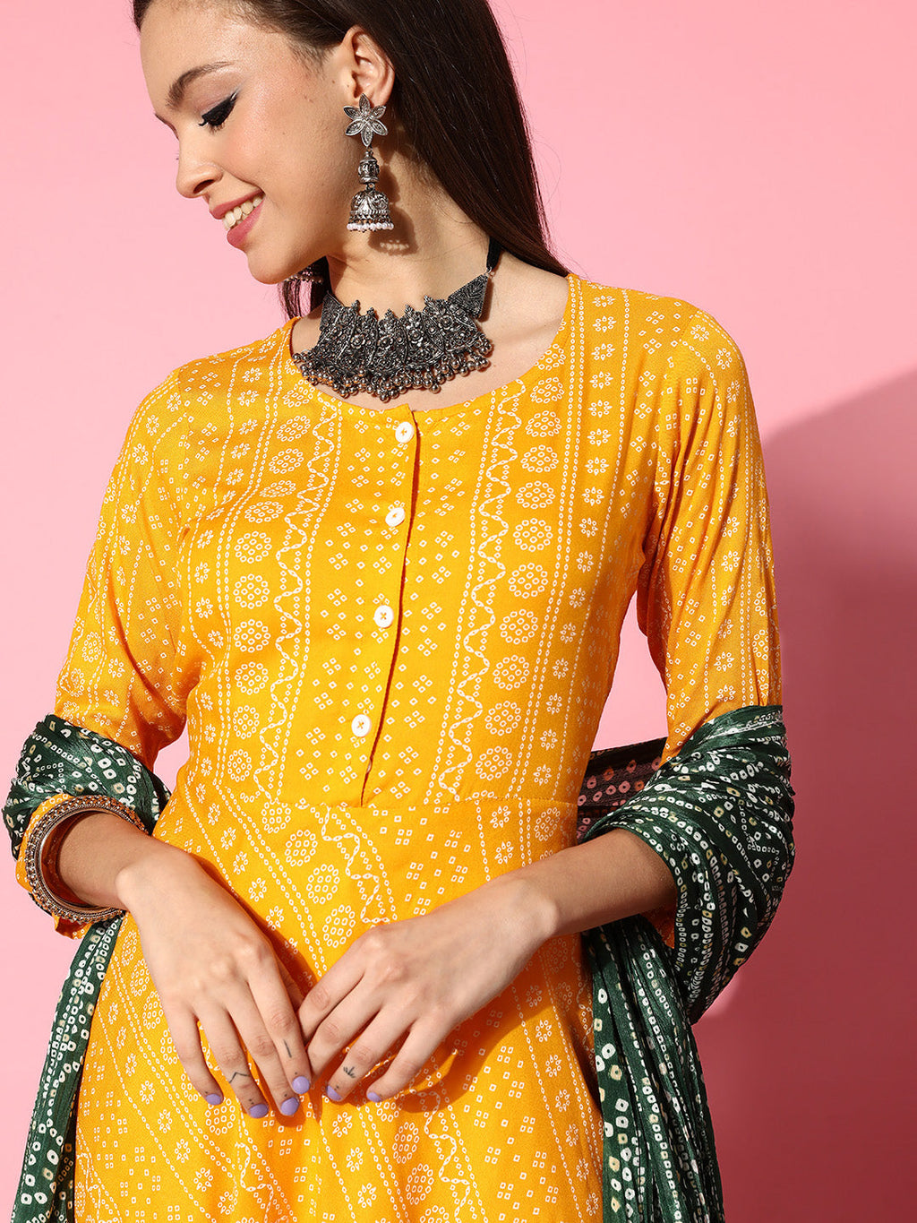 InWeave Women's Yellow Bandhani Long Anarkali Kurta With Green Bandhani Dupatta | Grocsy