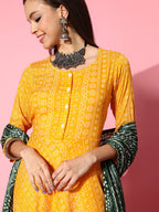 InWeave Women's Yellow Bandhani Long Anarkali Kurta With Green Bandhani Dupatta | Grocsy