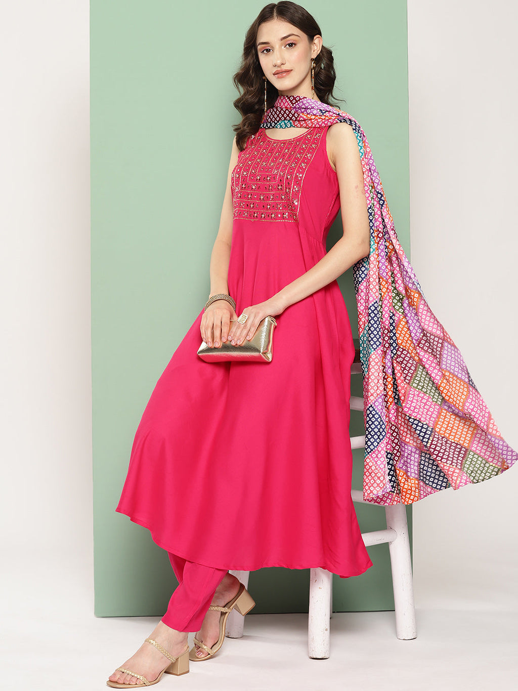 InWeave Women's Fuchsia Mirror Work Strappy Set W Square Bandhani Print Silk Dup | Grocsy