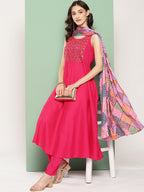 InWeave Women's Fuchsia Mirror Work Strappy Set W Square Bandhani Print Silk Dup | Grocsy