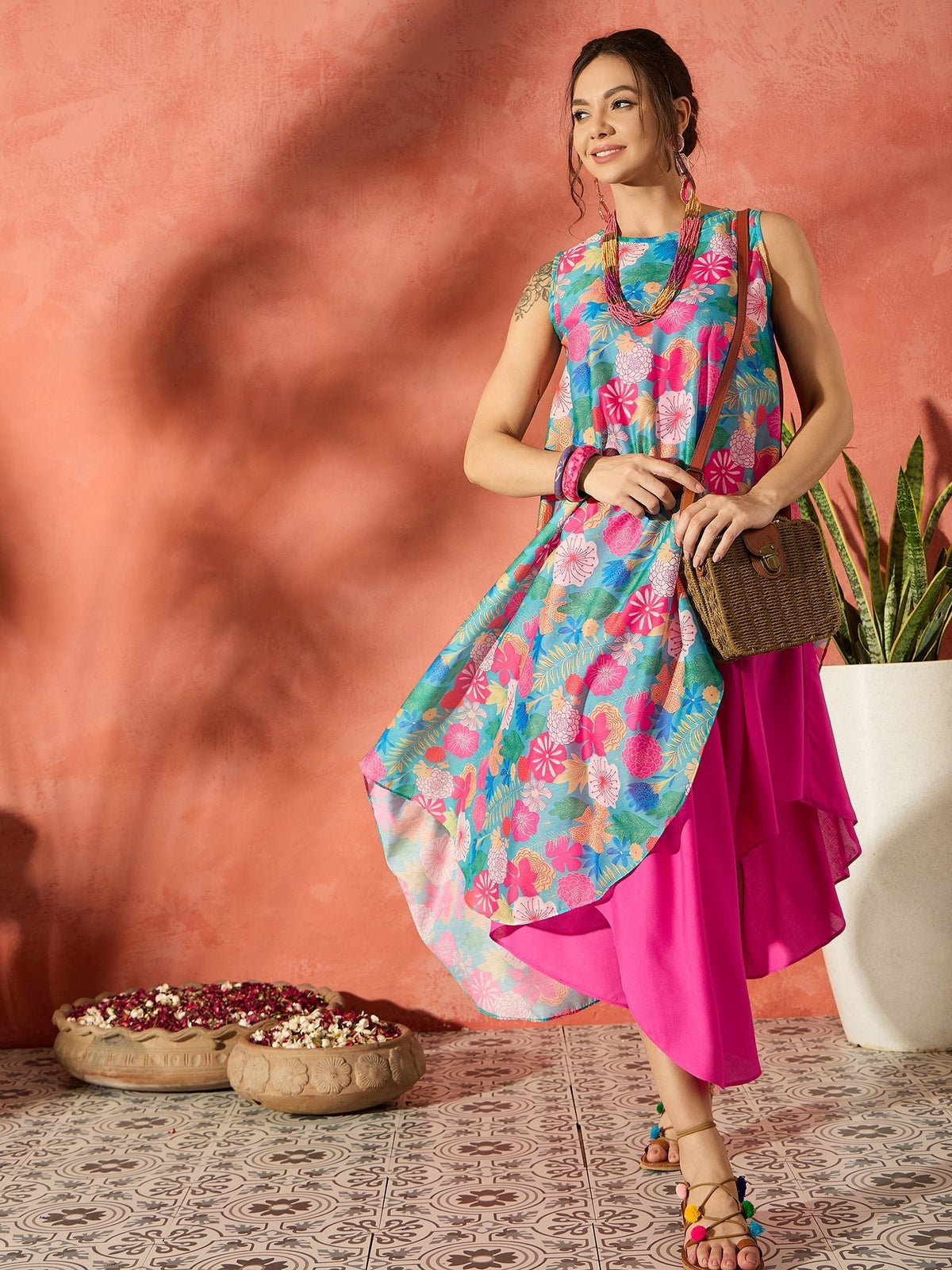 InWeave Blue Floral Fuchsia Asymmetrical Dress | Grocsy