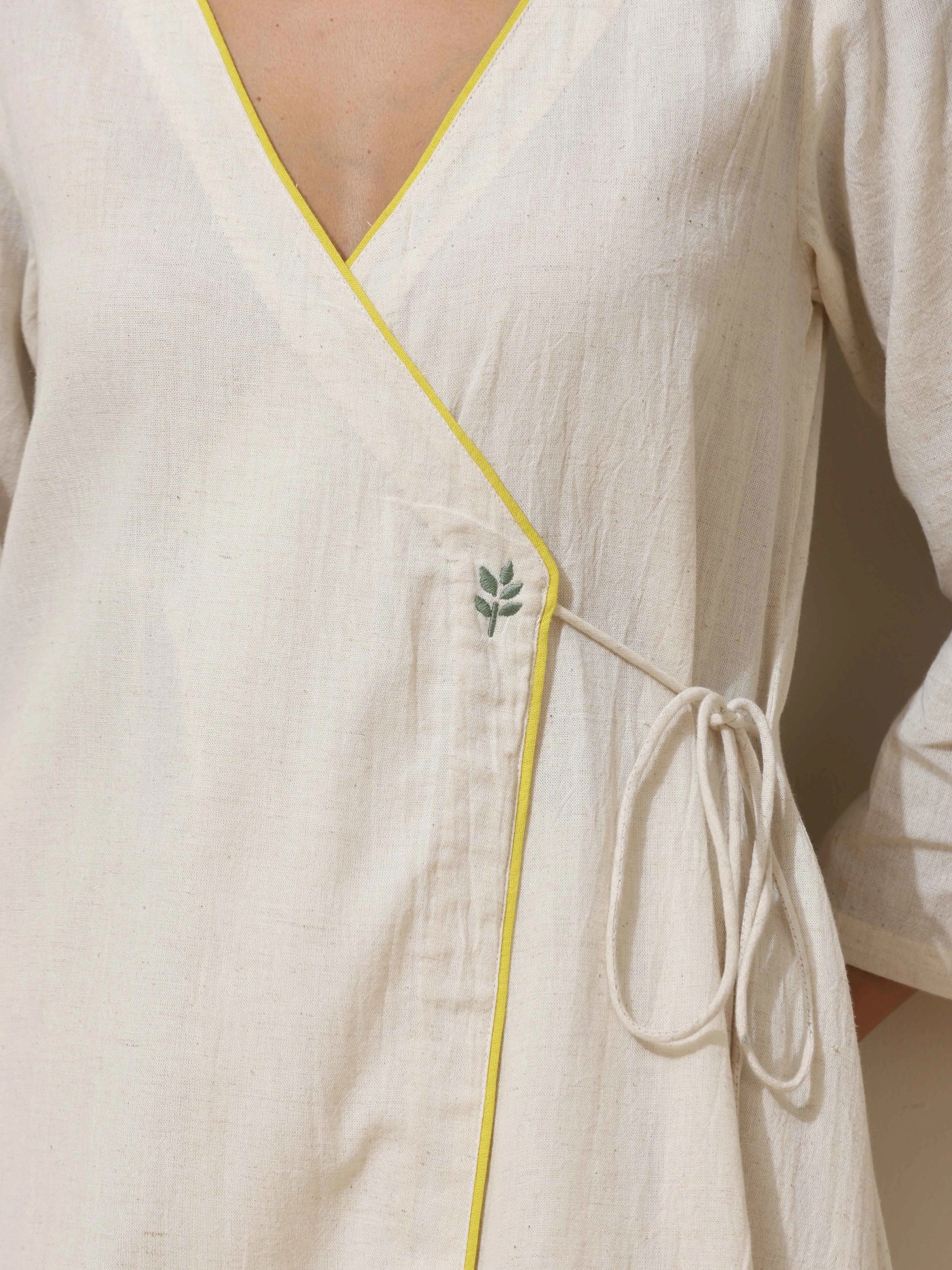 trueBrowns Off White Cotton Linen Angrakha Kurta Pant Set | Grocsy