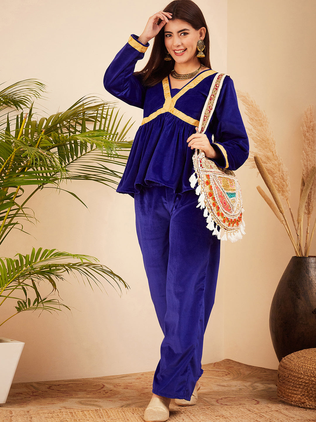InWeave Women's Royal Blue Mughal Shaan Style Velvet Short Kurta Set | Grocsy