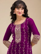 The52 Beautiful Embroidered Vichitra Silk Fabric Straight Kurta, Palazzo and Dupatta Set | Grocsy