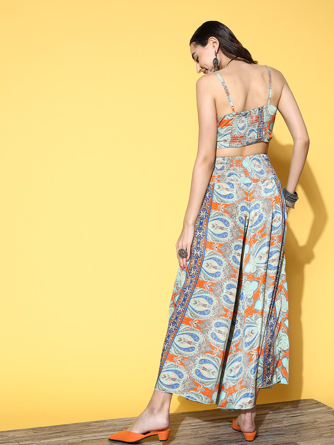InWeave Women's Blue Orange Paisley Print Coord Set | Grocsy