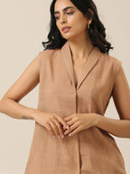 trueBrowns Beige Slub Texture Sleevesless Jacket Pant Set | Grocsy