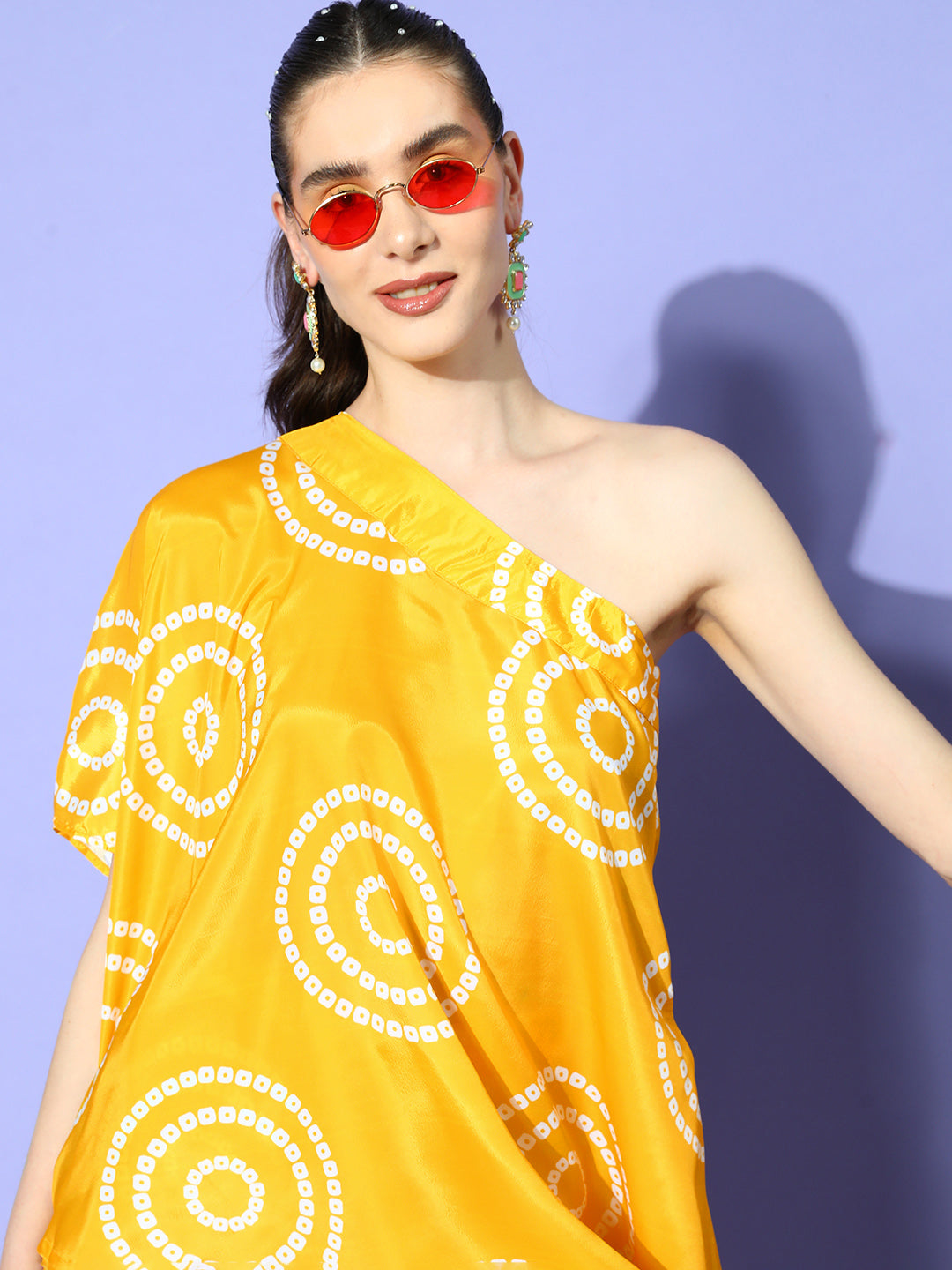 InWeave Women's Yellow Bandhani Motif One Shoulder Palazzo Set | Grocsy
