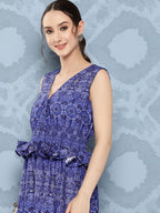 InWeave Women's Blue Floral Paisley Print Long Frill Dress | Grocsy