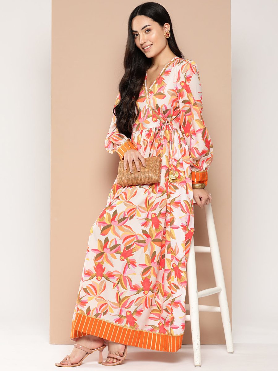 Ahalyaa Floral Printed Tie-Ups Crepe Empire Ethnic Dress | Grocsy