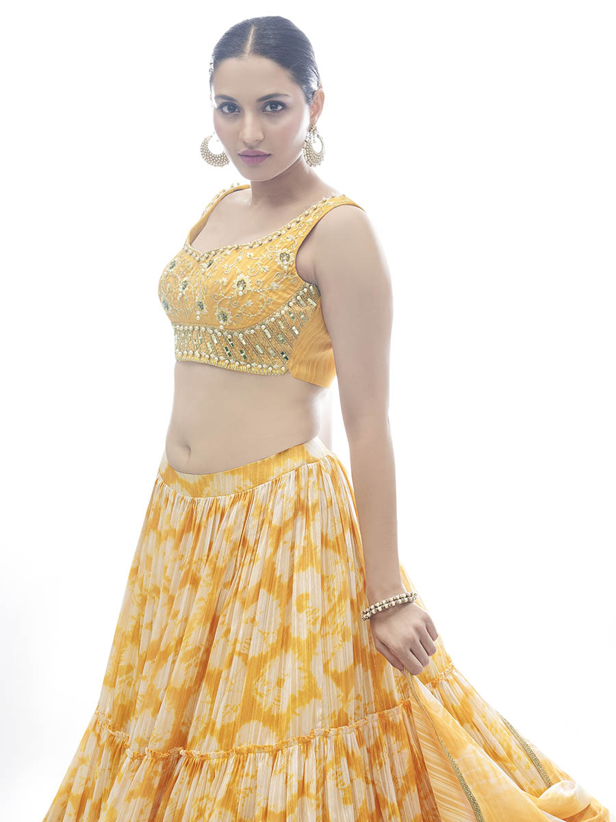 Myra Yellow Jaquard Embroidered Designer Lehenga | Grocsy