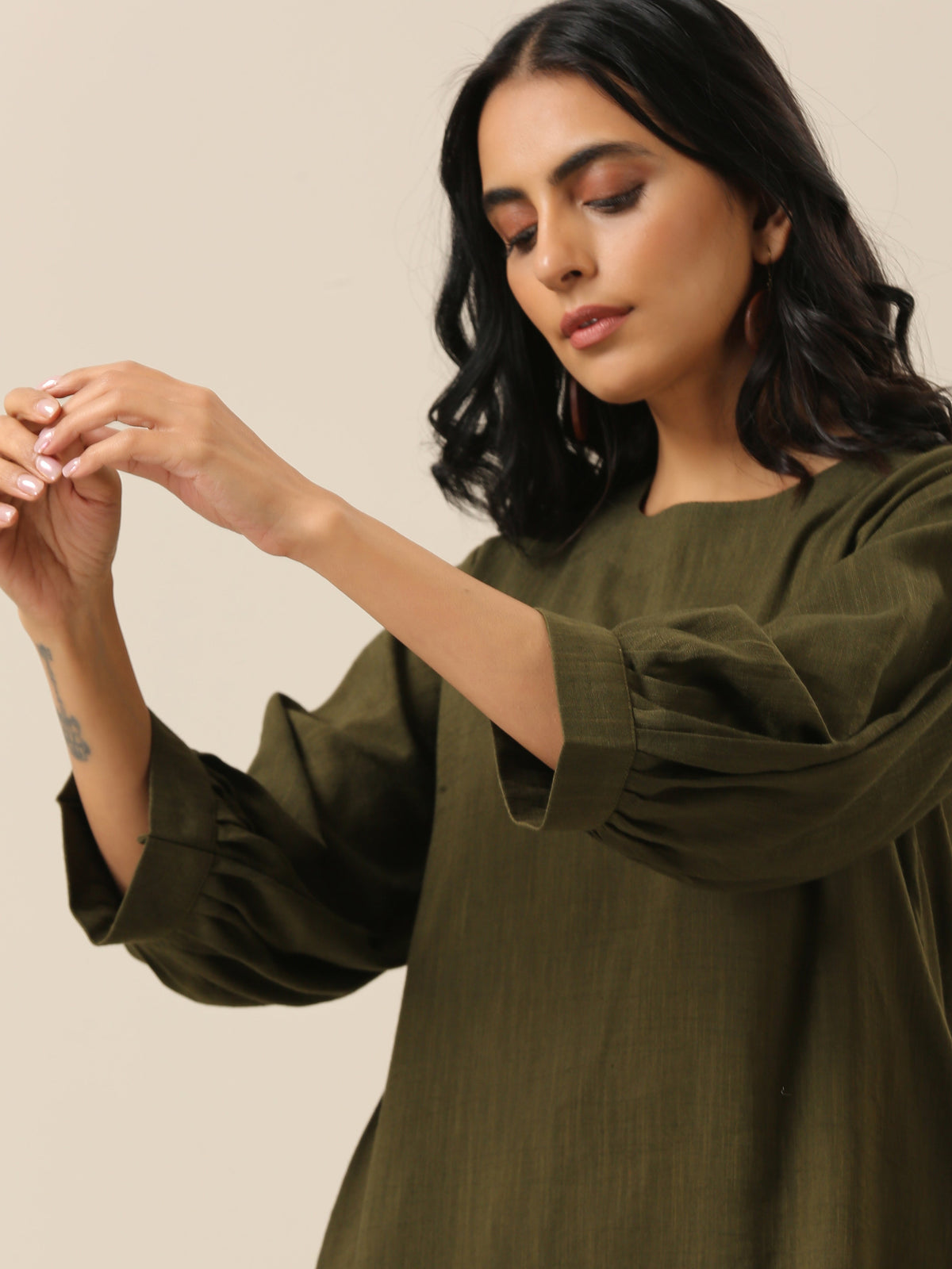 trueBrowns Olive Green Slub Texture Baggy Sleeve Co-Ord Set | Grocsy