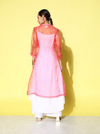 InWeave Women's Cream Strappy Kurta Set With Pink Organza Cape | Grocsy