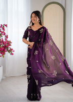 Evanik Designer Heavy Fendy Satin With Beads Embroidered Work Saree With Unstitched Blouse | Grocsy