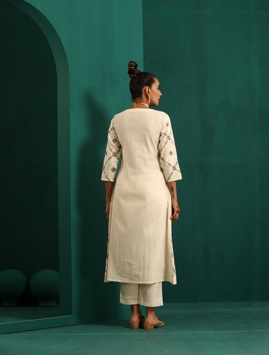 trueBrowns Ivory Rhombus Cotton Angrakha Kurta Pant Set | Grocsy