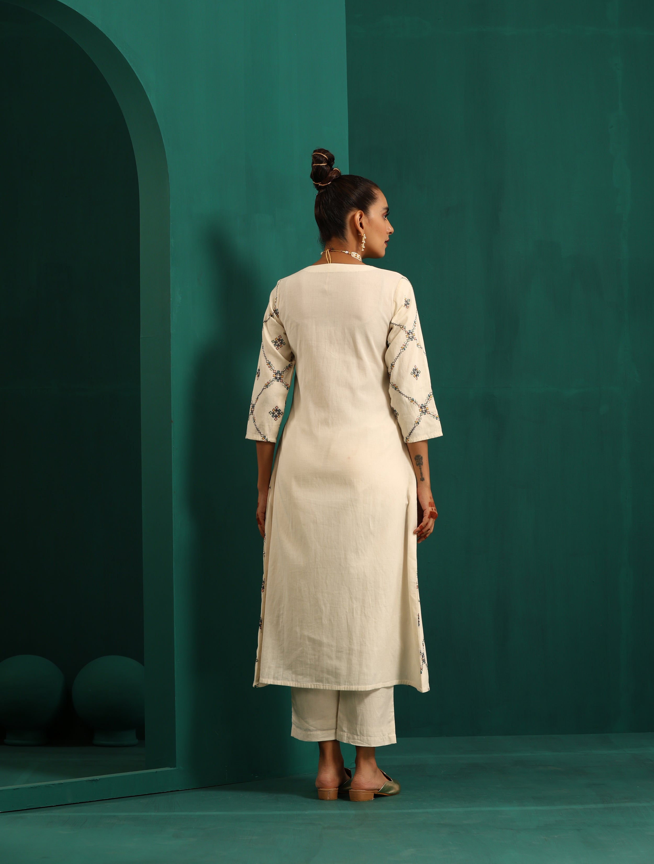 trueBrowns Ivory Rhombus Cotton Angrakha Kurta Pant Set | Grocsy