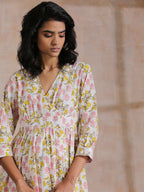 trueBrowns Pink Yellow Floral On White Block Print Cotton Wrap Dress | Relove | Grocsy