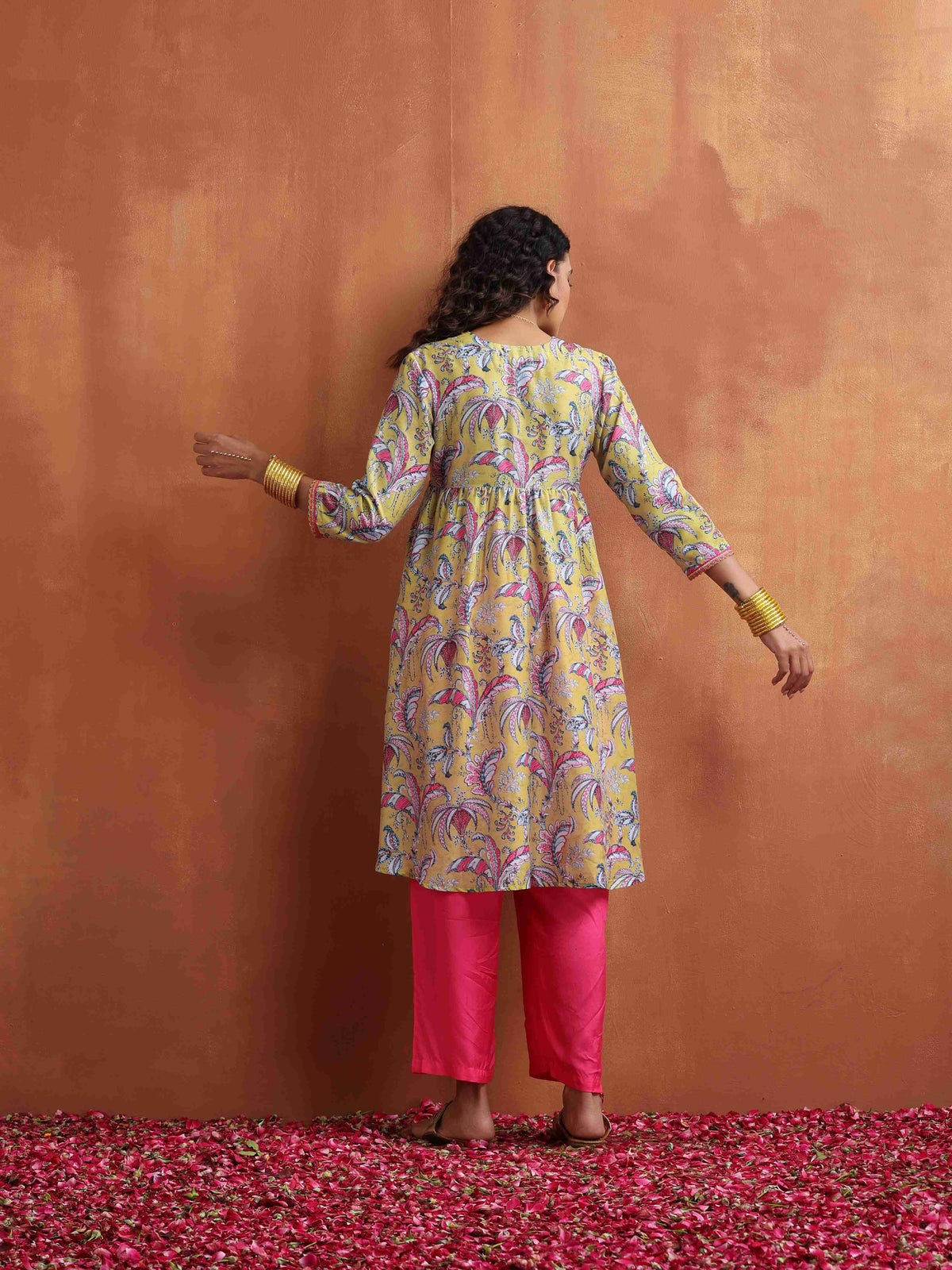 trueBrowns Yellow Print Anarkali Kurta Co-ord Set | Grocsy