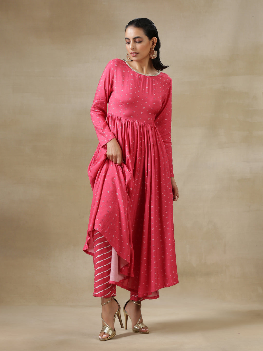 trueBrowns Pink Bandhani Printed Silk Anarkali Kurta Pant Dupatta Set | Grocsy