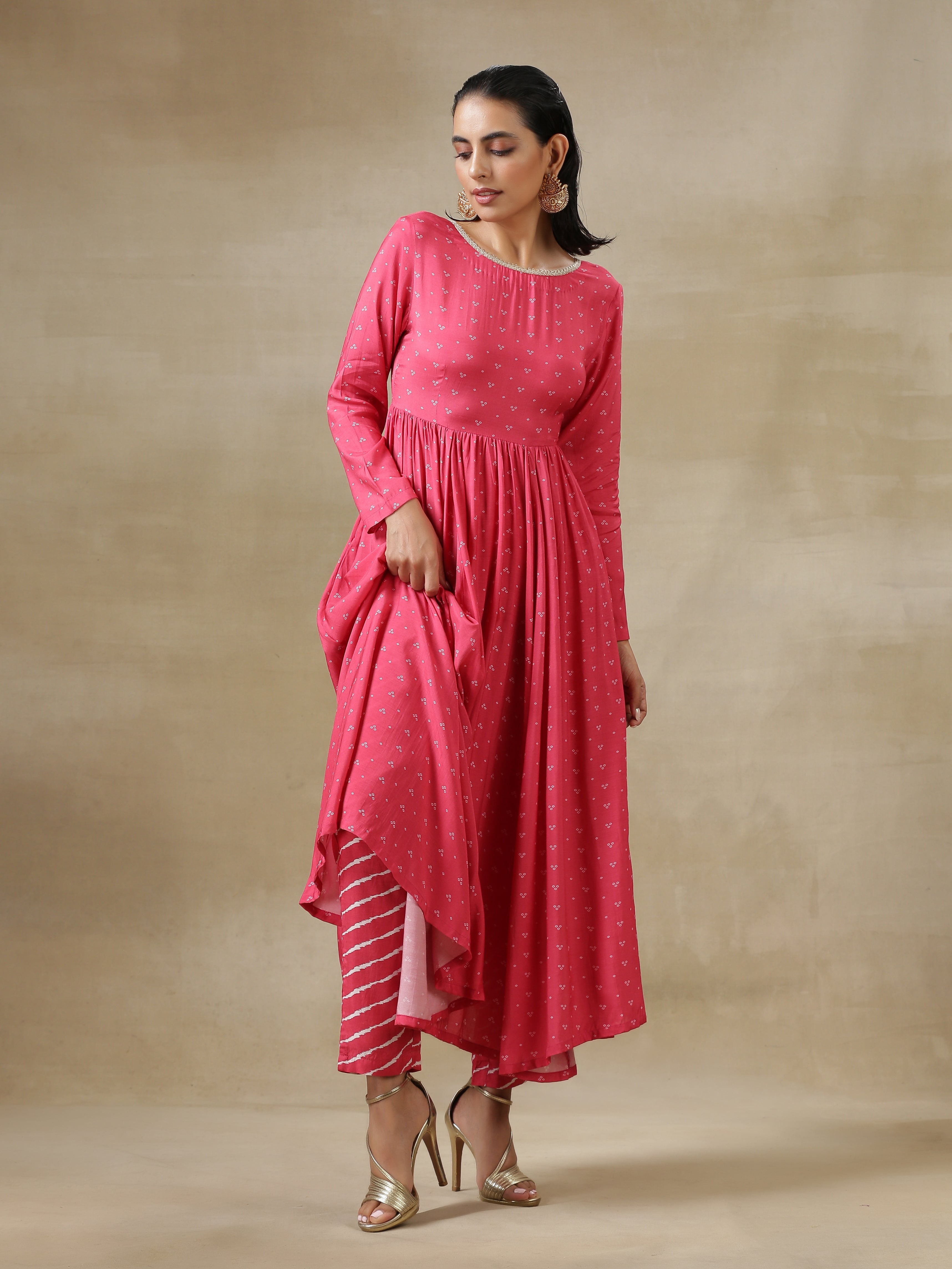 trueBrowns Pink Bandhani Printed Silk Anarkali Kurta Pant Dupatta Set | Grocsy