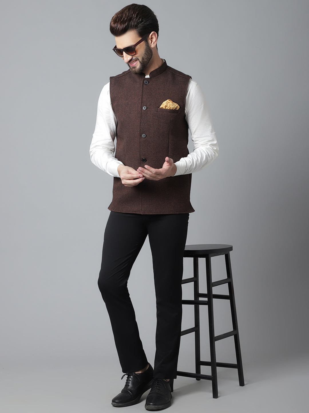 Even Apparels Men's Brown Nehru Jacket With Welt Pockets | Grocsy